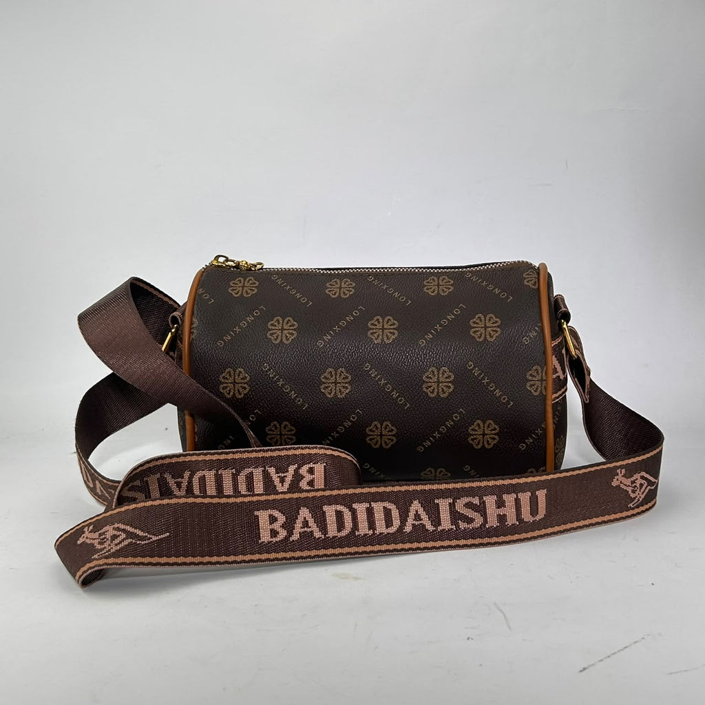 Badidaishu Brown Clover Print Barrel Bag