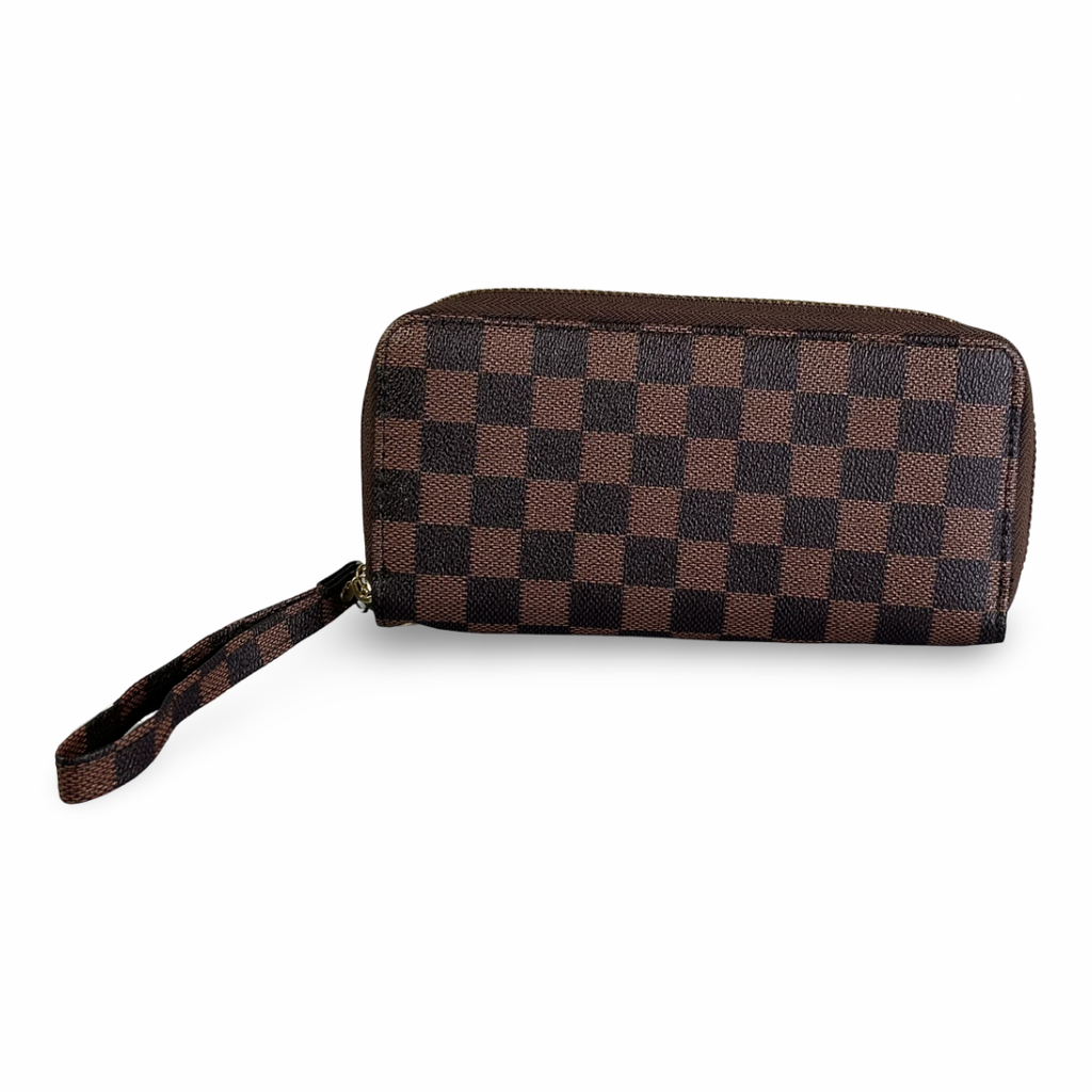 Brown Checkerboard Zip Wristlet