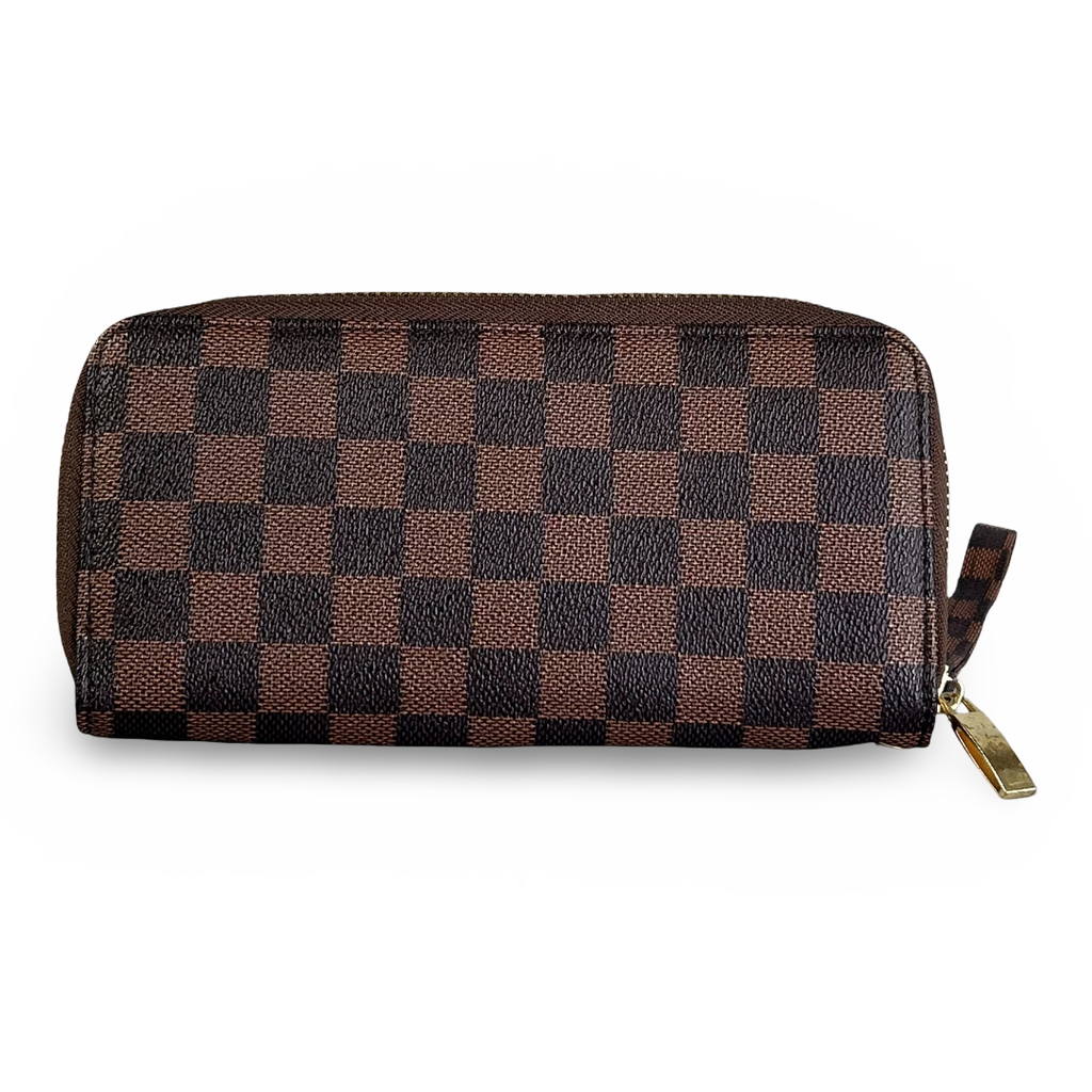 Brown Checkerboard Zip Wristlet