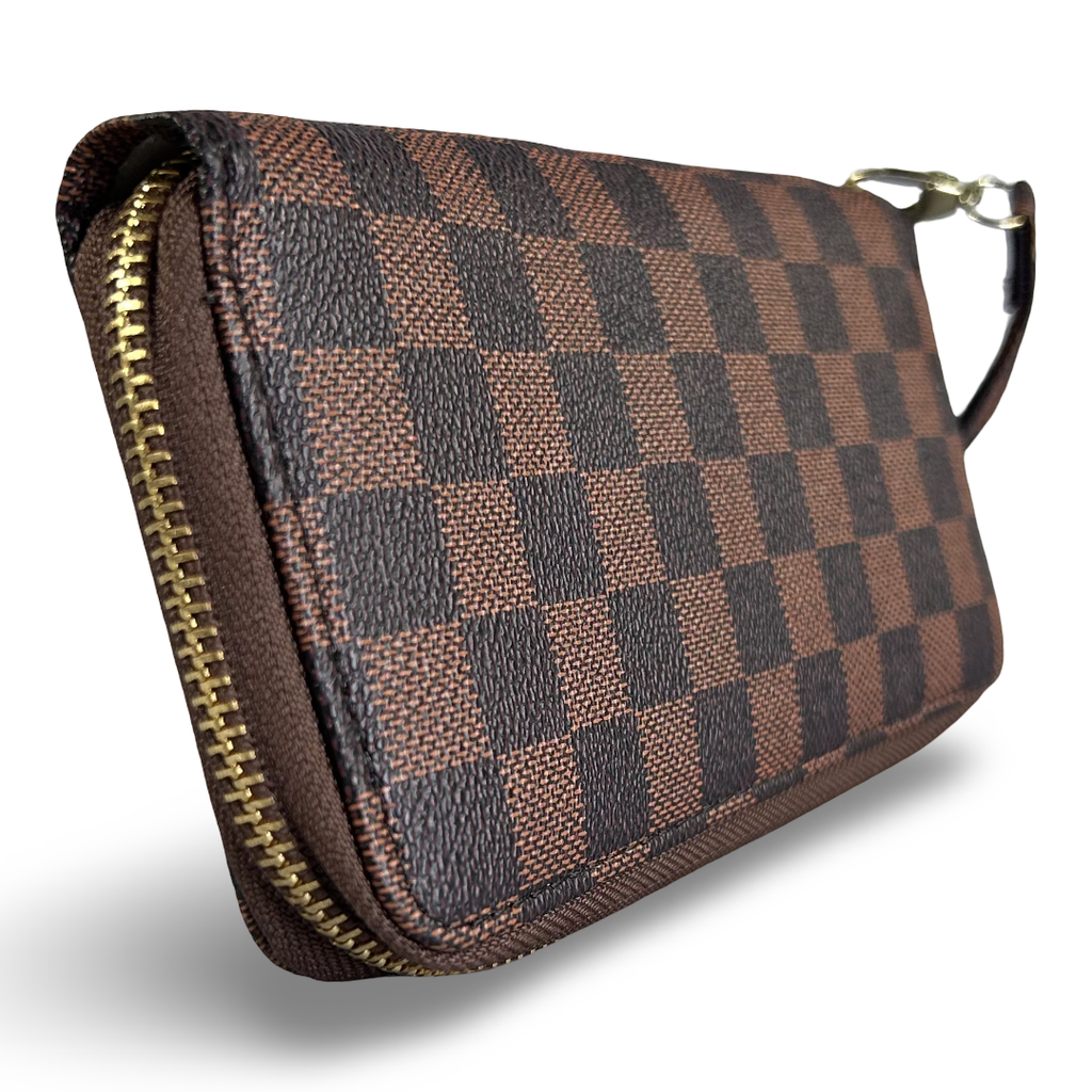 Brown Checkerboard Zip Wristlet