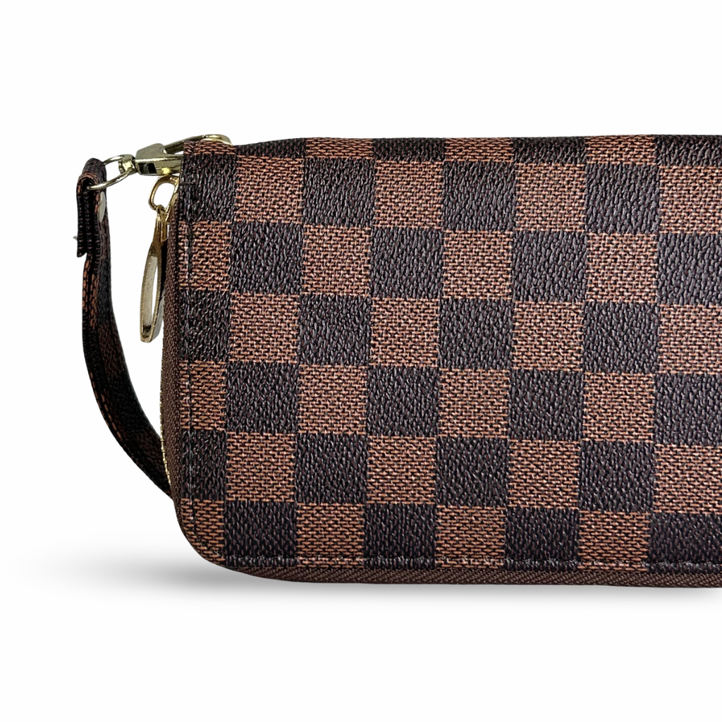 Brown Checkerboard Zip Wristlet