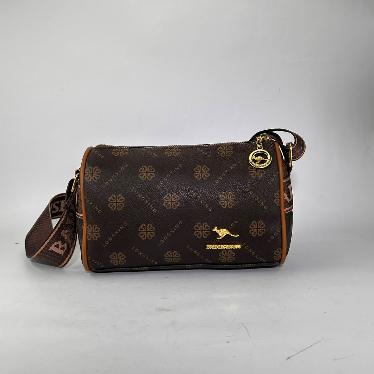 Badidaishu Brown Clover Print Barrel Bag